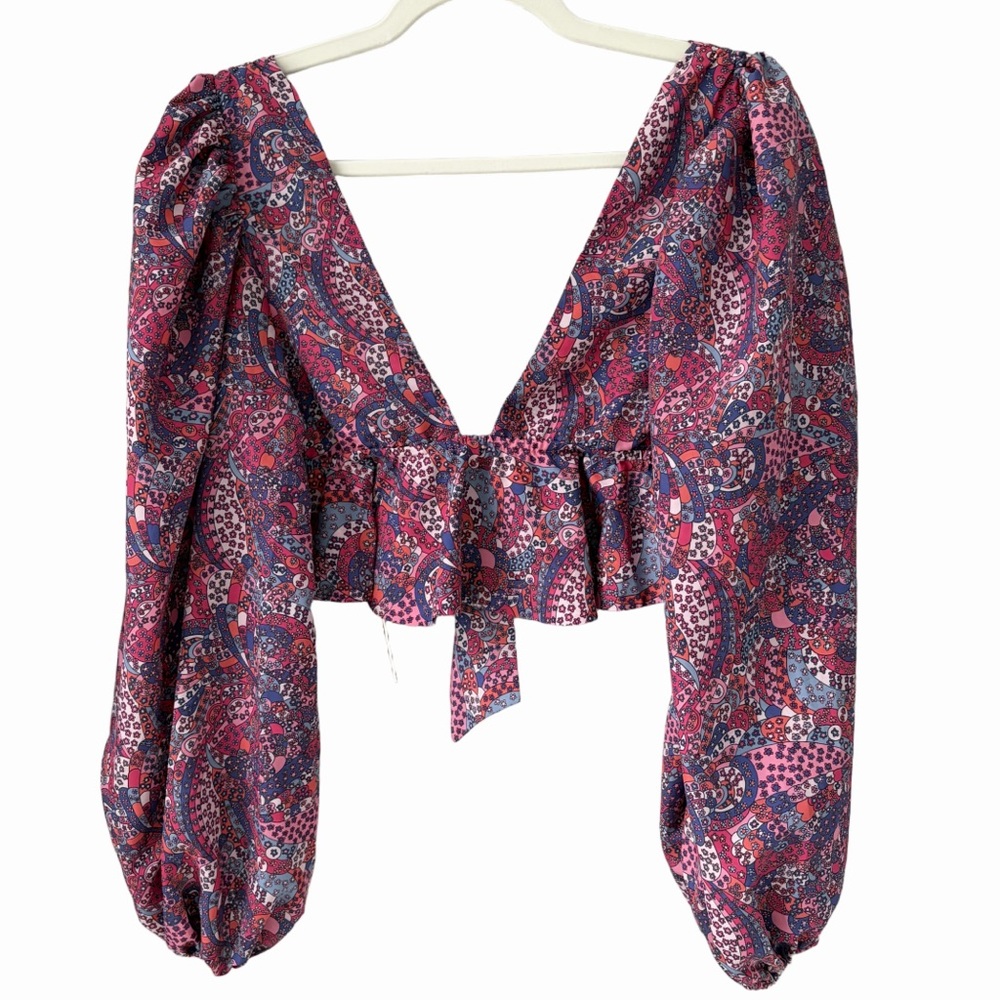 NWT FOR LOVE & LEMONS Sz S Multicolor Pattern Crop Top Blouson Sleeves BOHO - Picture 2 of 6